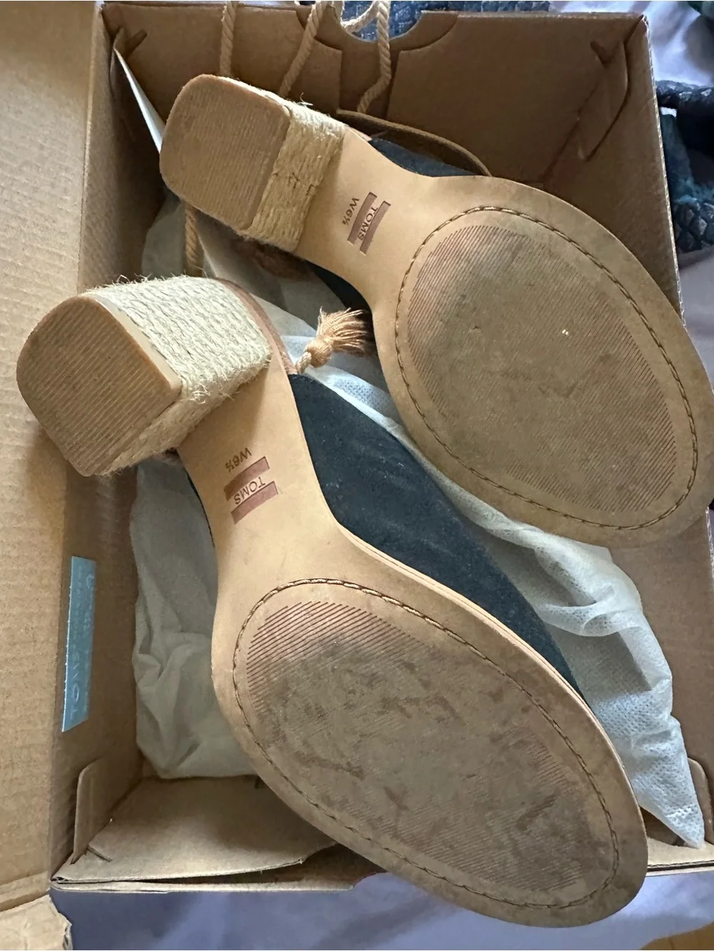 TOMS Seville Black and Tan Suede Honey Leather Open-Toe Wedge Sandals